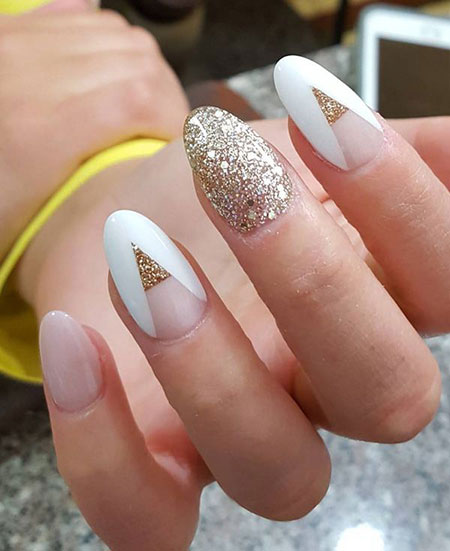 Glitter Oval Acrylic Nails Designs, Oval Sparkly Design White